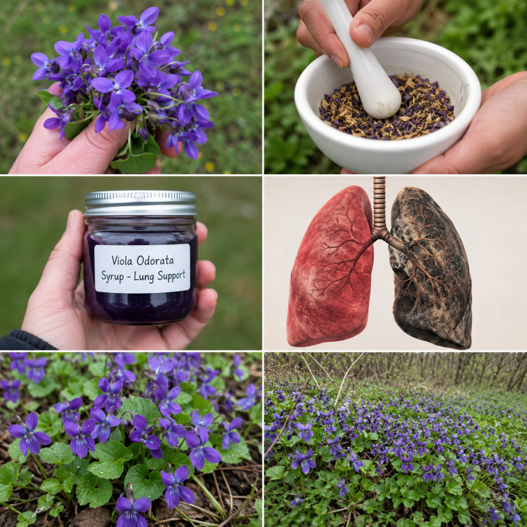 A six-panel collage showing a hand holding fresh Viola Odorata grinding dried violet flowers a jar of violet syrup a med