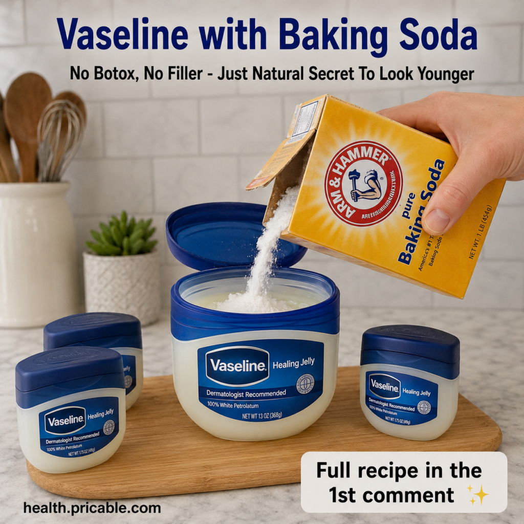 A hand pouring white baking soda from a box into a tub of Vaseline on a wooden surface