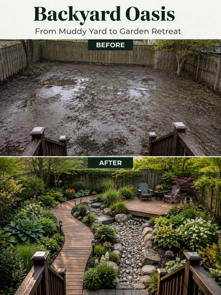 Before and after comparison of a muddy backyard transformed into a beautiful garden retreat with a dry creek bed and woo