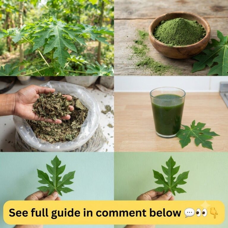 A multi-panel collage showcasing papaya leaves in various forms fresh on a plant as green powder in a bowl dried in a ha