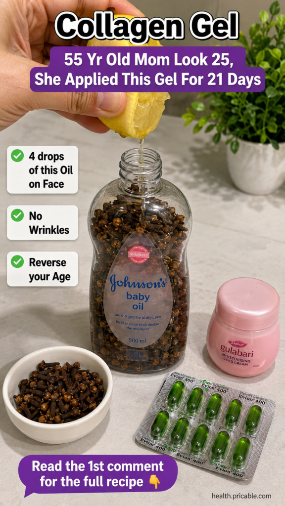 Ingredients for a DIY collagen gel including cloves lemon baby oil cold cream and vitamin E capsules on a light backgrou