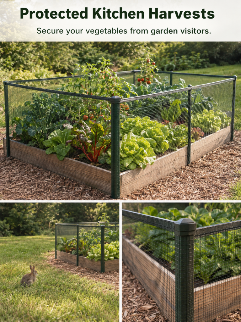 A multi-panel image showing a protected raised garden bed with a dark green mesh fence healthy vegetables like lettuce a