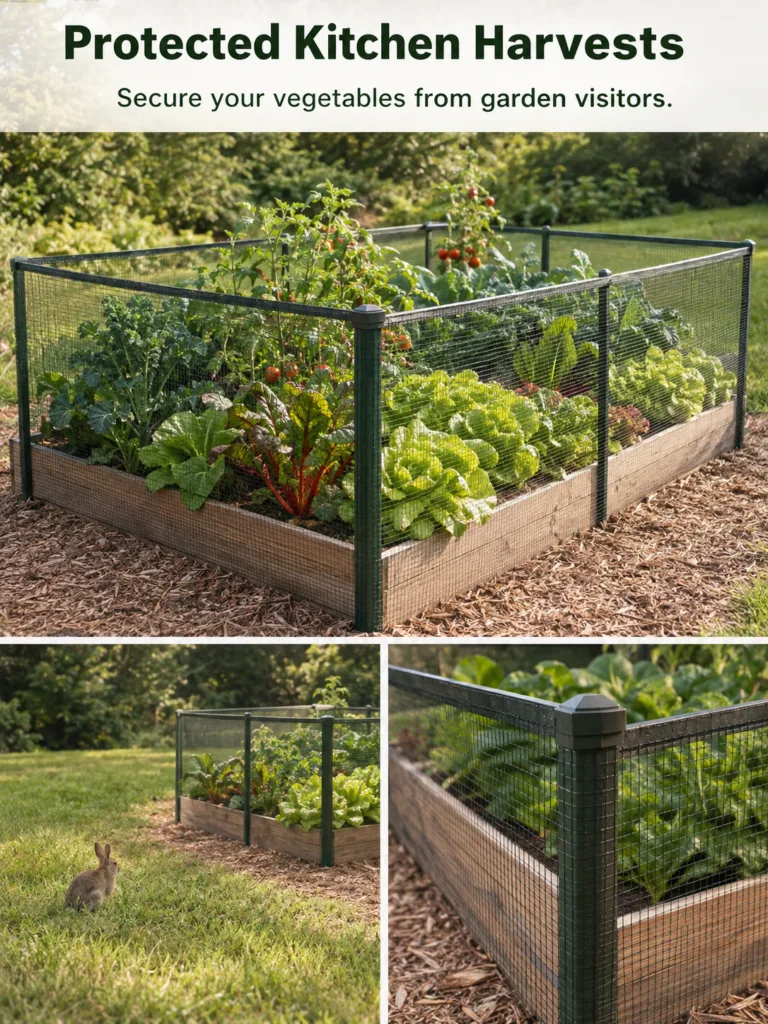 A multi-panel image showing a protected raised garden bed with a dark green mesh fence healthy vegetables like lettuce a