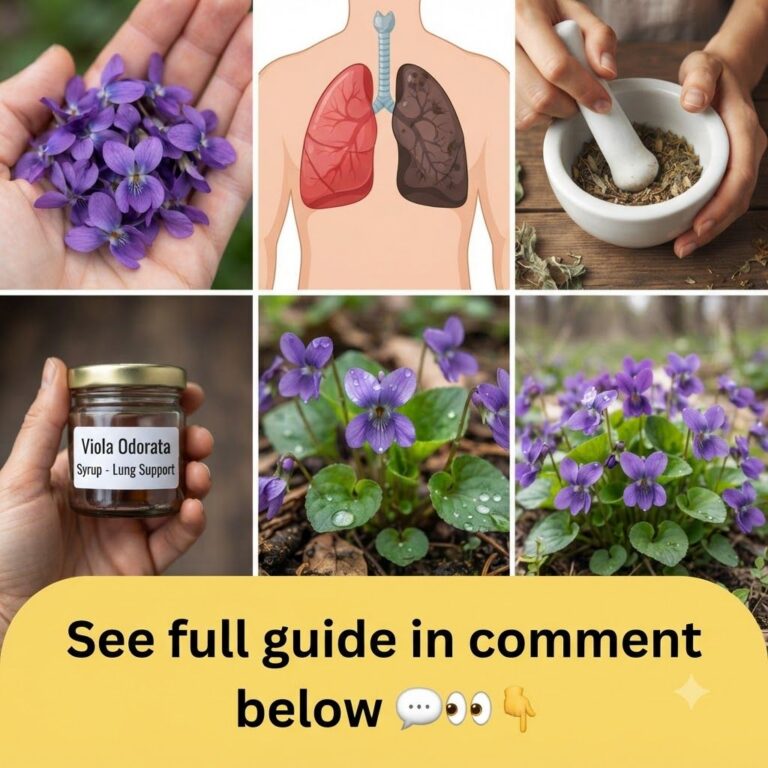 A multi-panel collage about Viola Odorata for lung support showing fresh violet flowers a lung illustration hands grindi