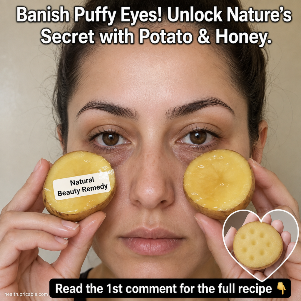 A woman holding thin slices of potato one with honey under her eyes looking refreshed