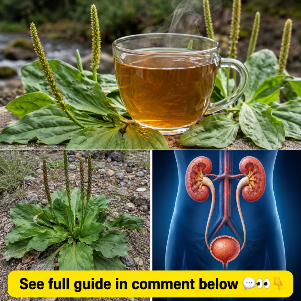 A clear glass mug of steaming amber-colored plantain tea surrounded by fresh green plantain leaves and their seed heads 