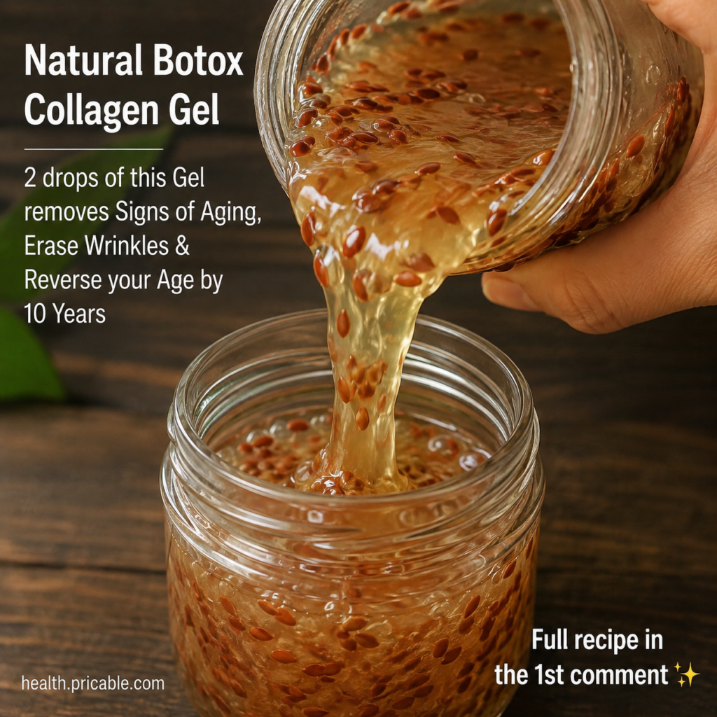 A thick golden-amber flaxseed gel with visible seeds being poured from one clear glass jar into another by a woman s han