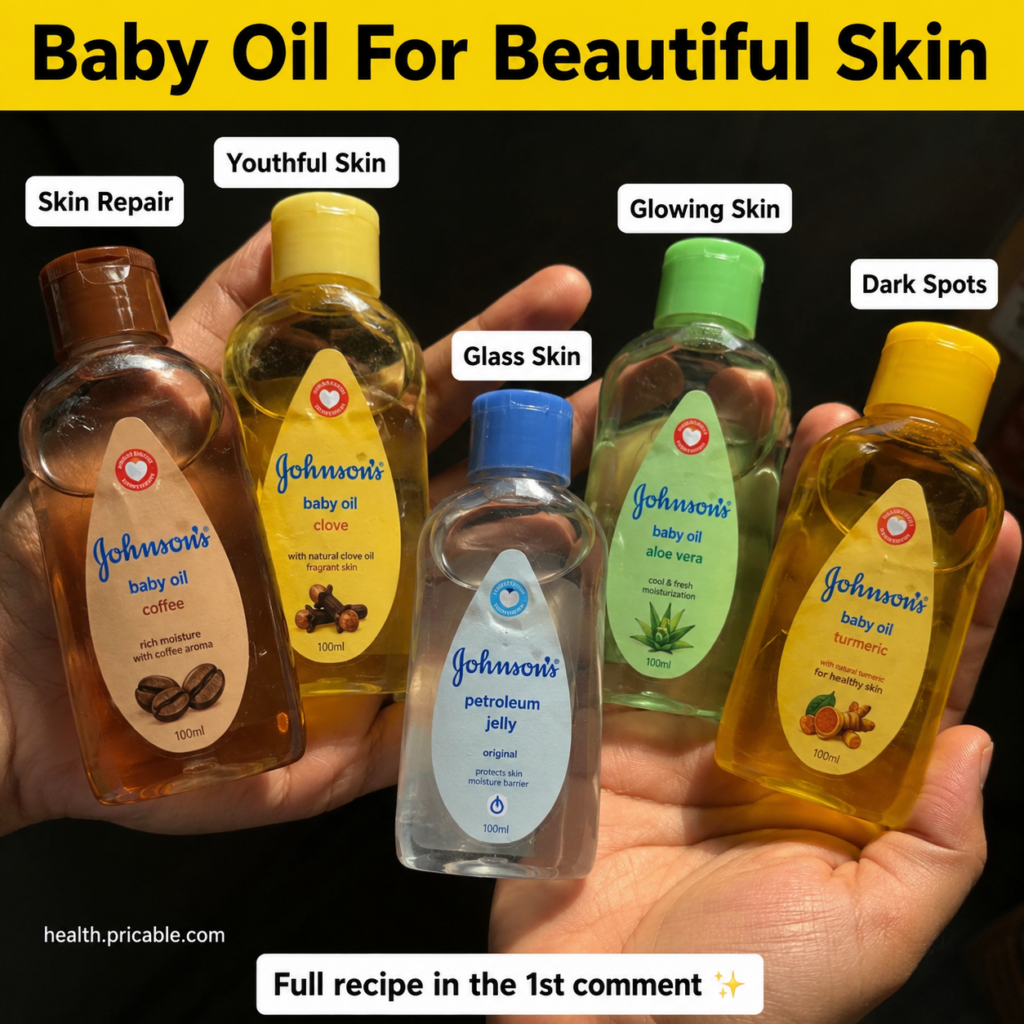 An overhead shot showing five small bottles of Johnson s Baby Oil and petroleum jelly some with suggested natural infusi