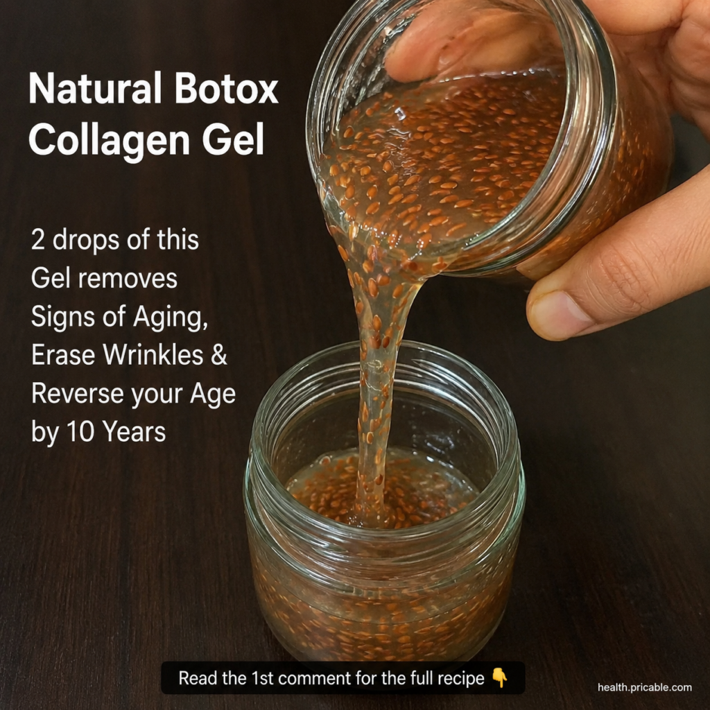 Flaxseed gel being poured from one clear glass jar into another with whole flaxseeds visible within the translucent gel
