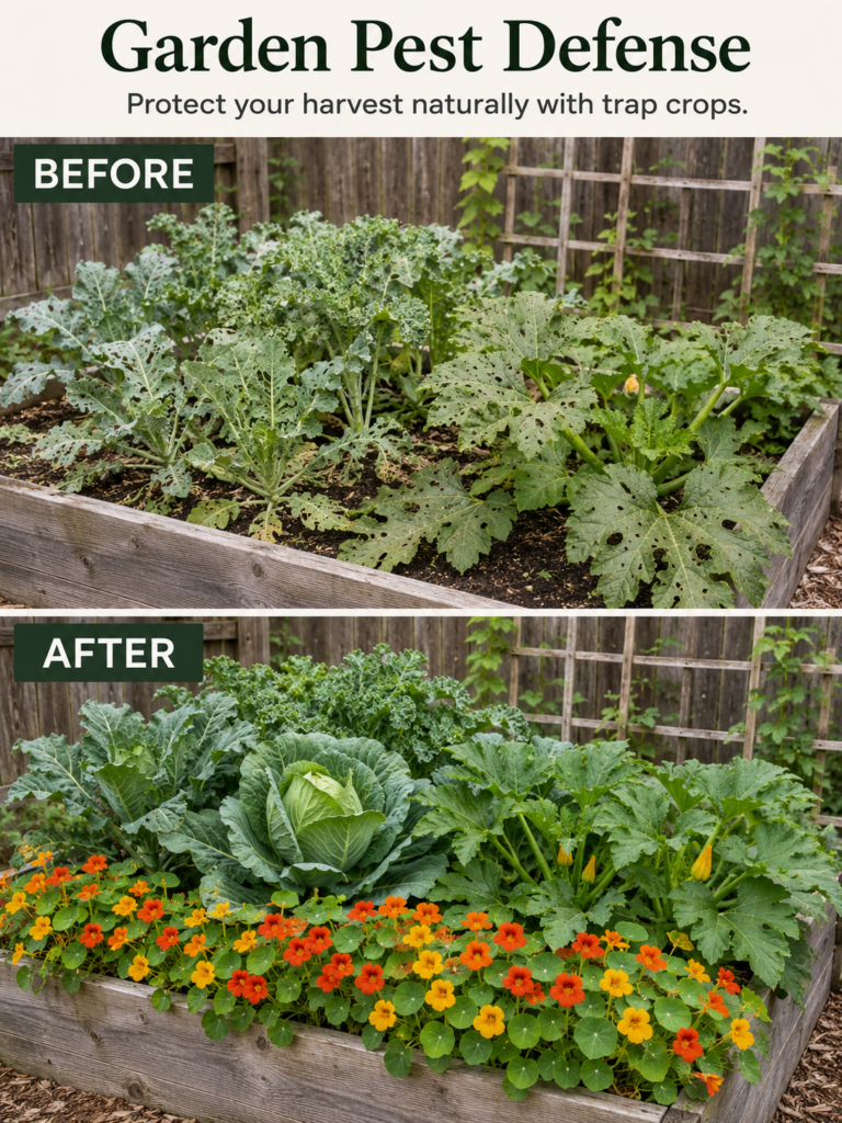 A before and after split image showing a garden bed The before side shows severely pest-damaged kale and zucchini plants
