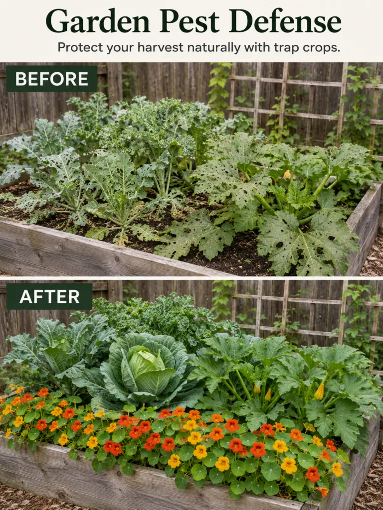A before and after split image showing a garden bed The before side shows severely pest-damaged kale and zucchini plants