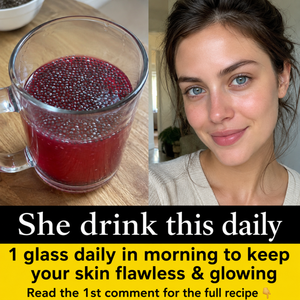 A glass of vibrant red berry chia seed drink with visible chia seeds suspended in the liquid on a natural wooden surface
