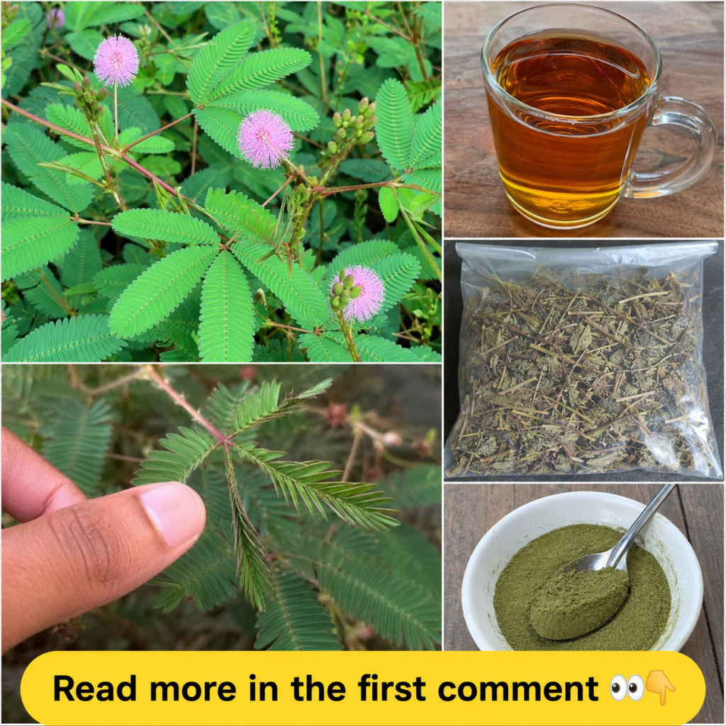A collage showing Mimosa Pudica plant in various forms live plant touched leaves tea dried leaves and stems and powdered