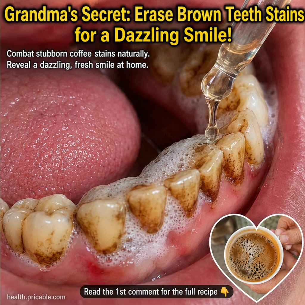 Close-up of lower teeth with visible brown stains with a dropper dispensing a clear liquid that foams on the teeth Inset