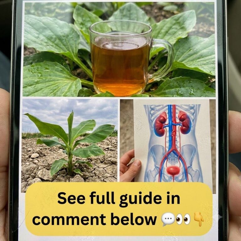 A smartphone screen showing a composite image Top half a glass mug of amber tea on large green plantain leaves Bottom le