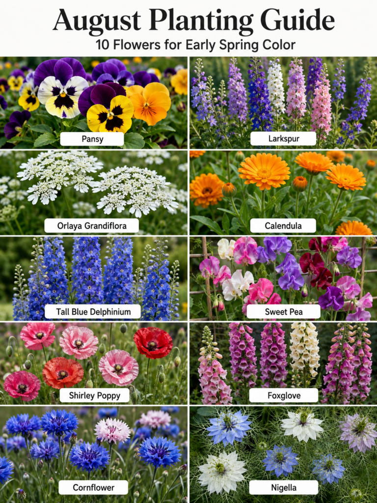 A visual guide titled August Planting Guide 10 Flowers for Early Spring Color featuring a 5x2 grid of vibrant flower pho