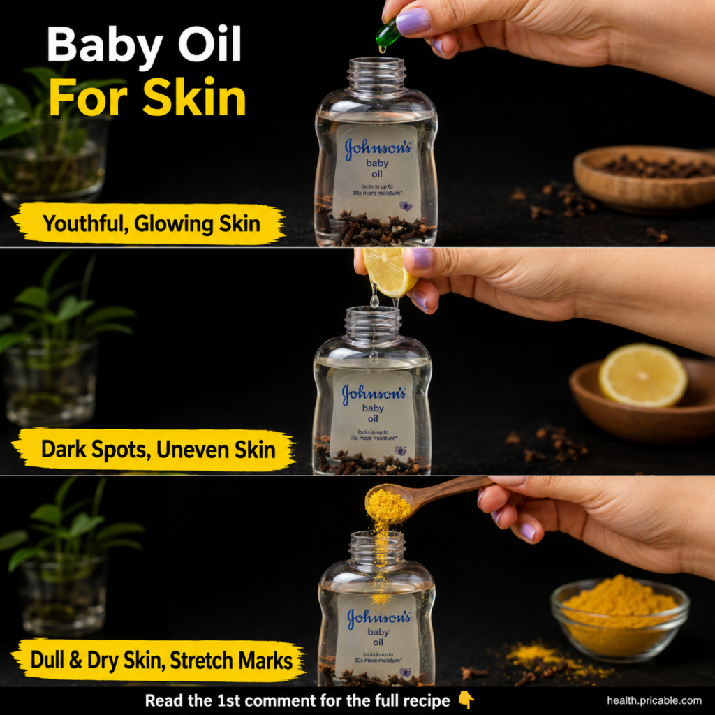A collage of three panels showing ingredients being added to a bottle of baby oil The top panel shows a green capsule Vi