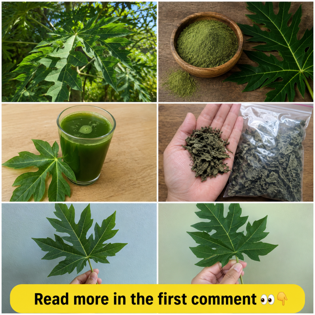 A six-panel collage showcasing various forms of papaya leaves fresh on a tree fine green powder in a wooden bowl a glass