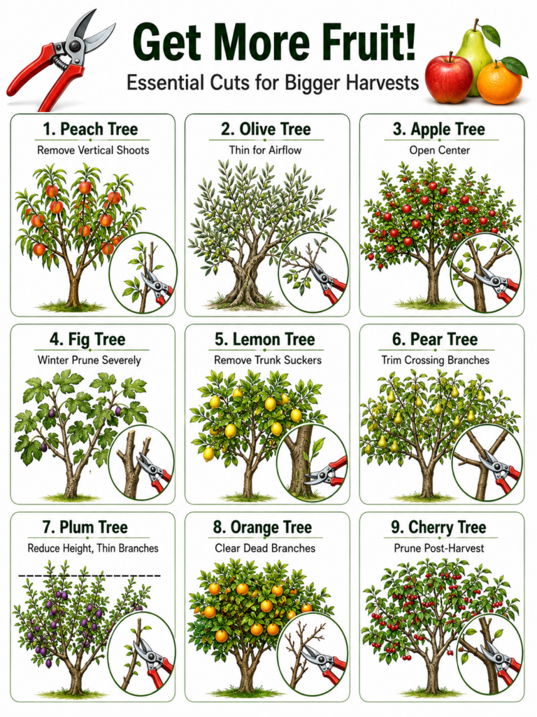 An infographic showing 9 different fruit trees and their specific pruning techniques featuring illustrations of pruning 