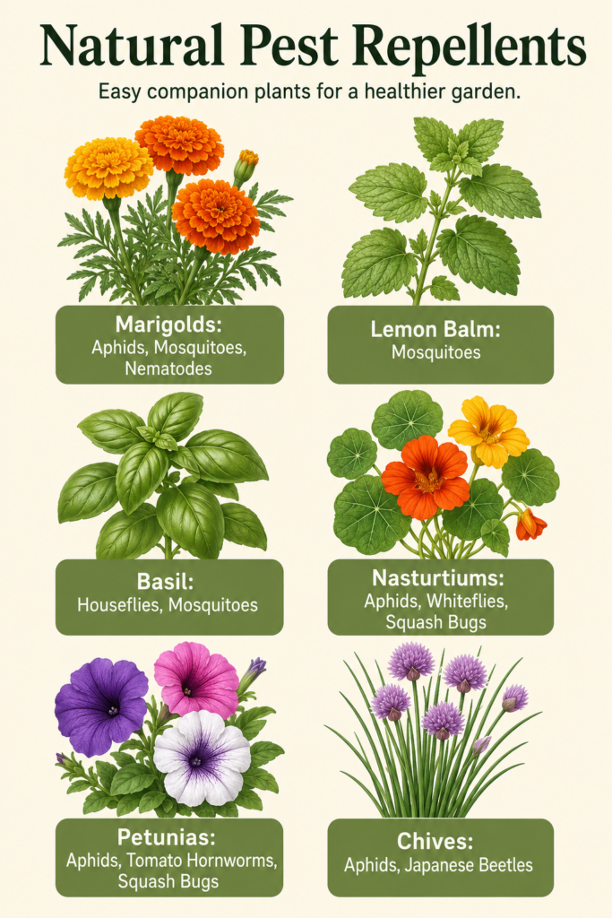 An infographic showing six companion plants Marigolds Lemon Balm Basil Nasturtiums Petunias Chives with their names and 