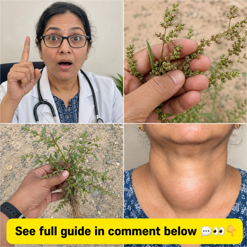 A four-panel collage top-left a female doctor with a surprised expression pointing up top-right a hand holding small gre