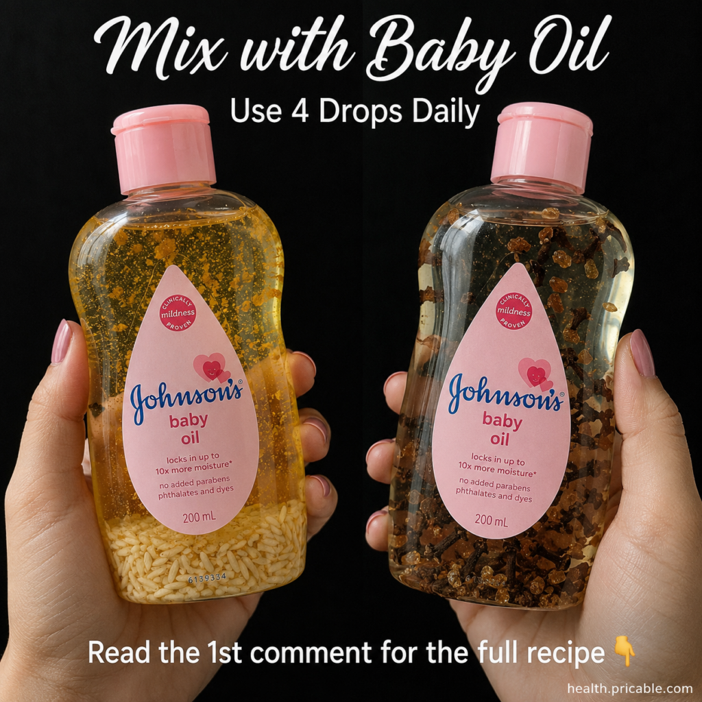 Two bottles of infused baby oil one with light grains and one with dark spices held against a dark background mirroring 