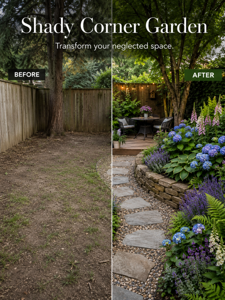 A Before and After split image showing a neglected shady backyard corner transformed into a lush garden with a deck path