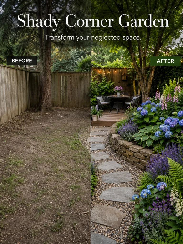 A Before and After split image showing a neglected shady backyard corner transformed into a lush garden with a deck path