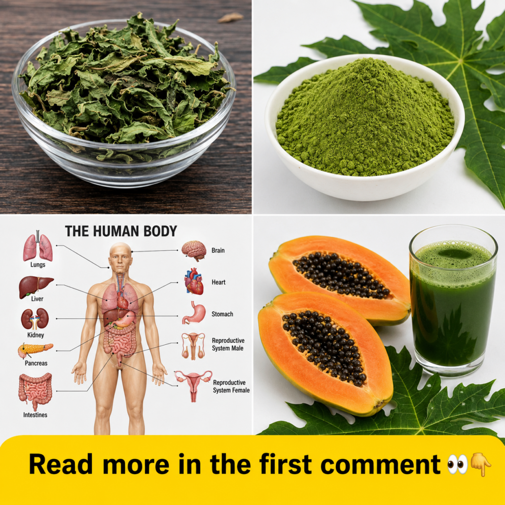 A collage showing dried green papaya leaves in a bowl fresh papaya leaves green powder half a papaya with seeds a glass 