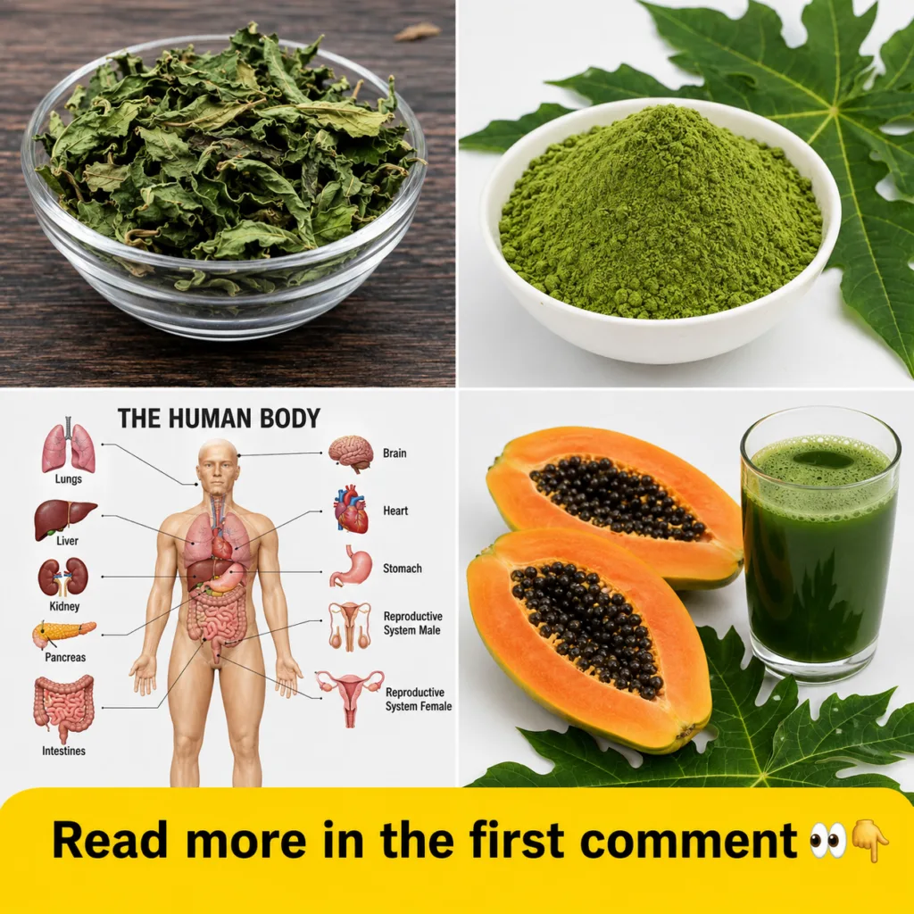 A collage showing dried green papaya leaves in a bowl fresh papaya leaves green powder half a papaya with seeds a glass 