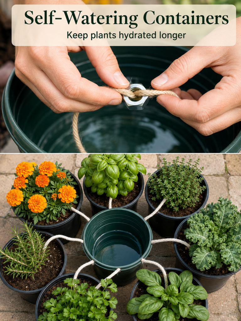 Hands assembling a DIY self-watering container with a rope and a nut and a finished system with plants around a central 