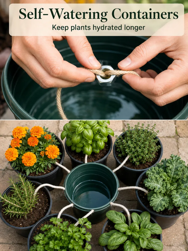 Hands assembling a DIY self-watering container with a rope and a nut and a finished system with plants around a central