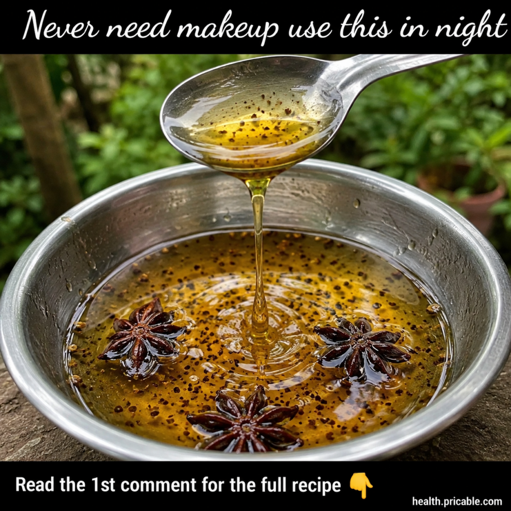 A close-up top-down view of a stainless steel bowl containing a viscous golden-amber liquid with dark ground spices and 