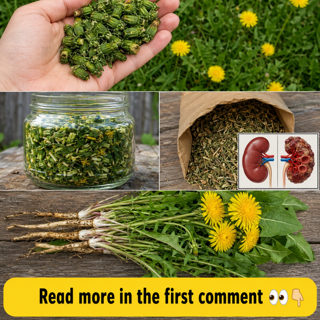 A collage depicting fresh dandelion buds in a hand blooming dandelion flowers chopped dandelion in a jar dried dandelion