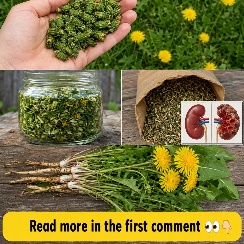 A collage depicting fresh dandelion buds in a hand blooming dandelion flowers chopped dandelion in a jar dried dandelion