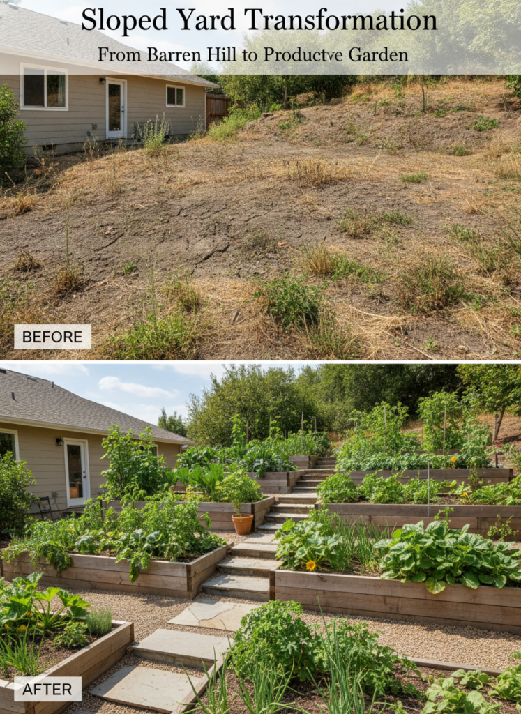 A before and after comparison showing a neglected dry sloped backyard transforming into a lush vibrant and productive te
