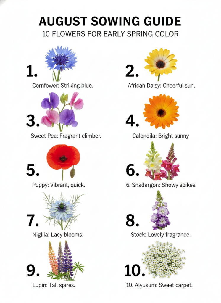 A visual guide titled AUGUST SOWING GUIDE 10 FLOWERS FOR EARLY SPRING COLOR showing 10 different flower photos with thei