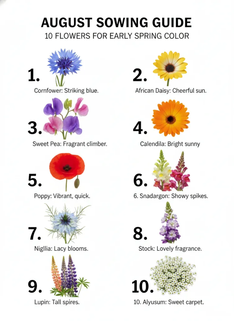 A visual guide titled AUGUST SOWING GUIDE 10 FLOWERS FOR EARLY SPRING COLOR showing 10 different flower photos with thei
