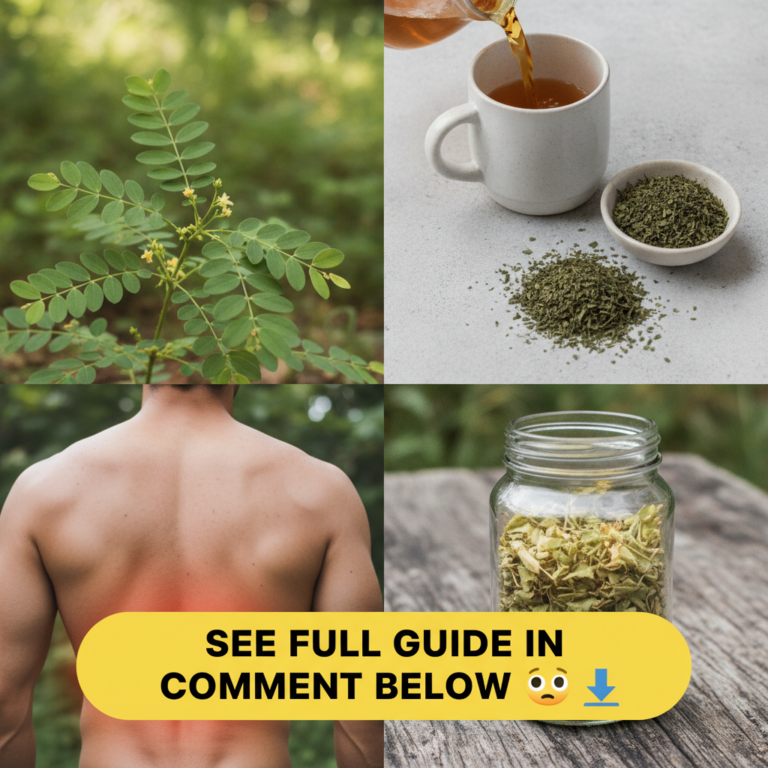 A four-panel collage showing the Stone Breaker plant tea preparation a person with lower back pain and dried plant mater