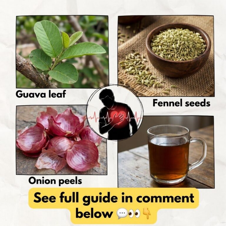 A collage depicting guava leaf fennel seeds onion peels and a brewed beverage with a central graphic of a glowing heart 