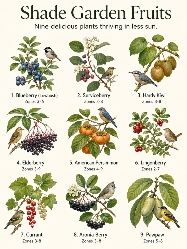 An illustrated grid showcasing nine different fruit-bearing plants that thrive in partial shade each with their characte