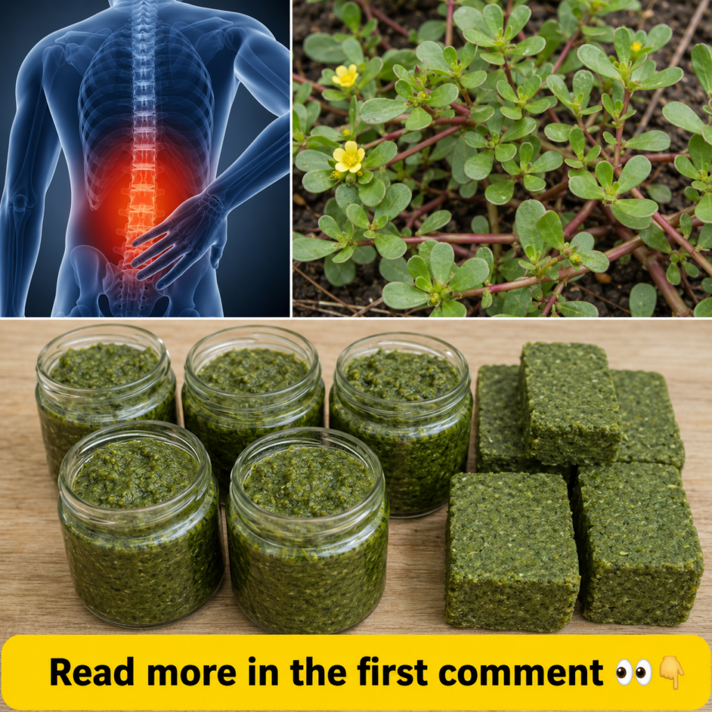 A visual collage showing a human torso with glowing red lower back a close-up of a purslane plant with green leaves and 
