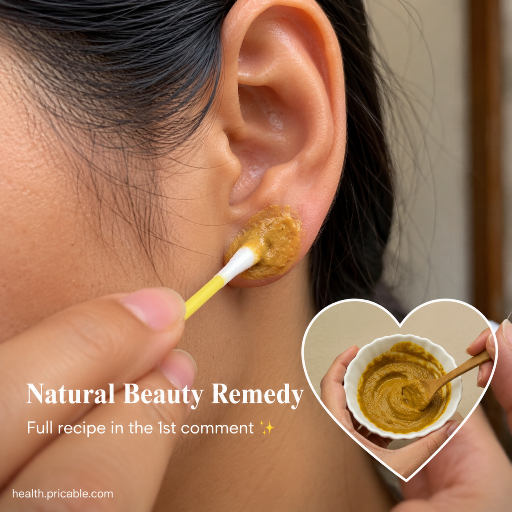 A close-up shot of a yellowish-brown paste being applied to an earlobe with a cotton swab showing the application of a h