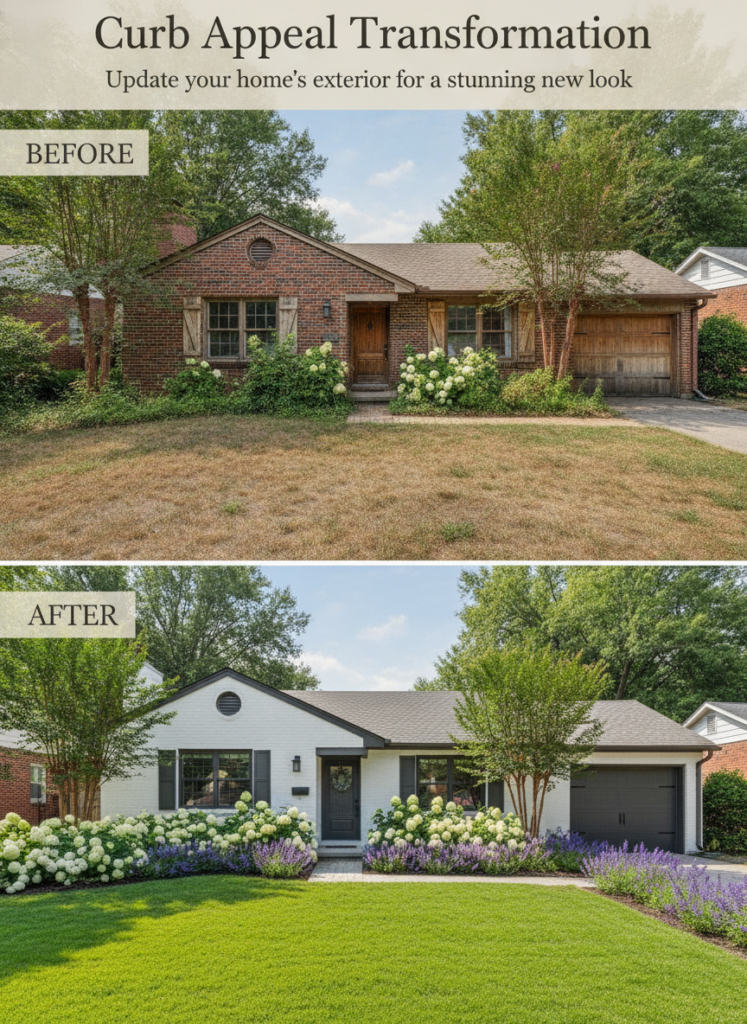 A side-by-side before and after comparison of a single-story house The before shows a red brick house with a dry unkempt