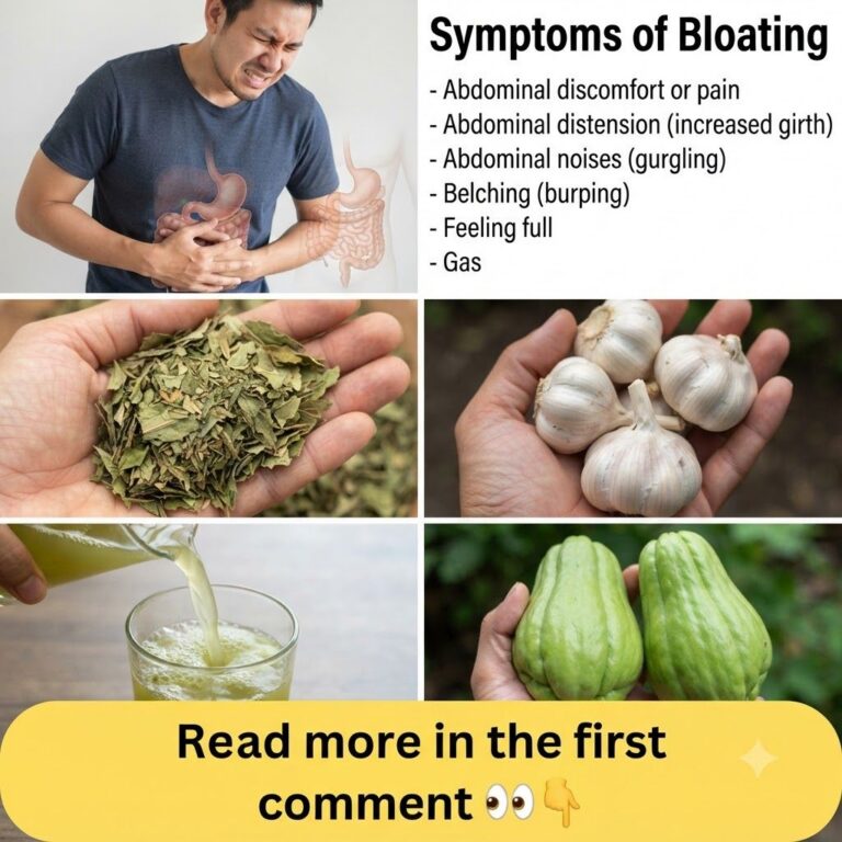 A collage showing a person experiencing bloating and various natural ingredients that can help such as green leaves garl