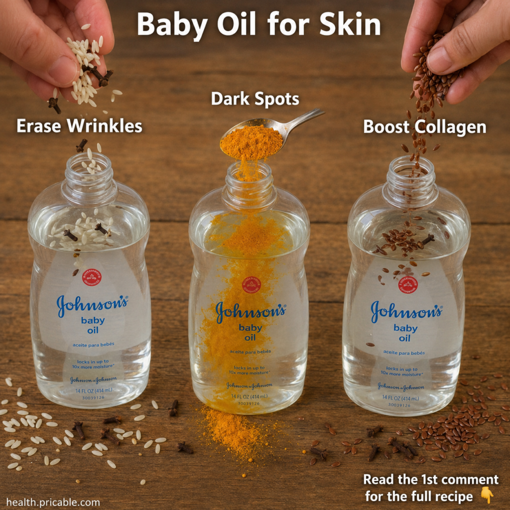 A flat lay image showing three clear bottles of baby oil each infused with different natural ingredients like rice and c