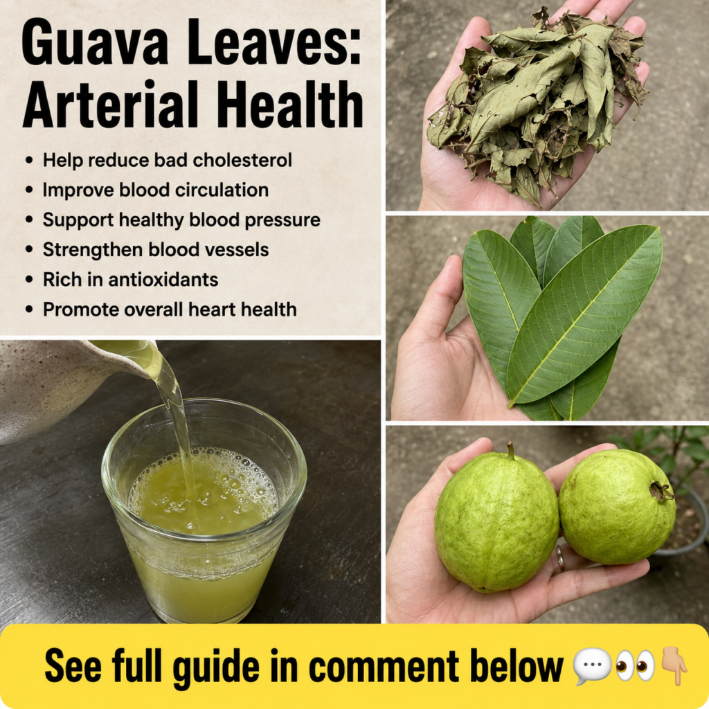 A collage highlighting guava leaves for arterial health with sections showing fresh and dried leaves a guava leaf tea be