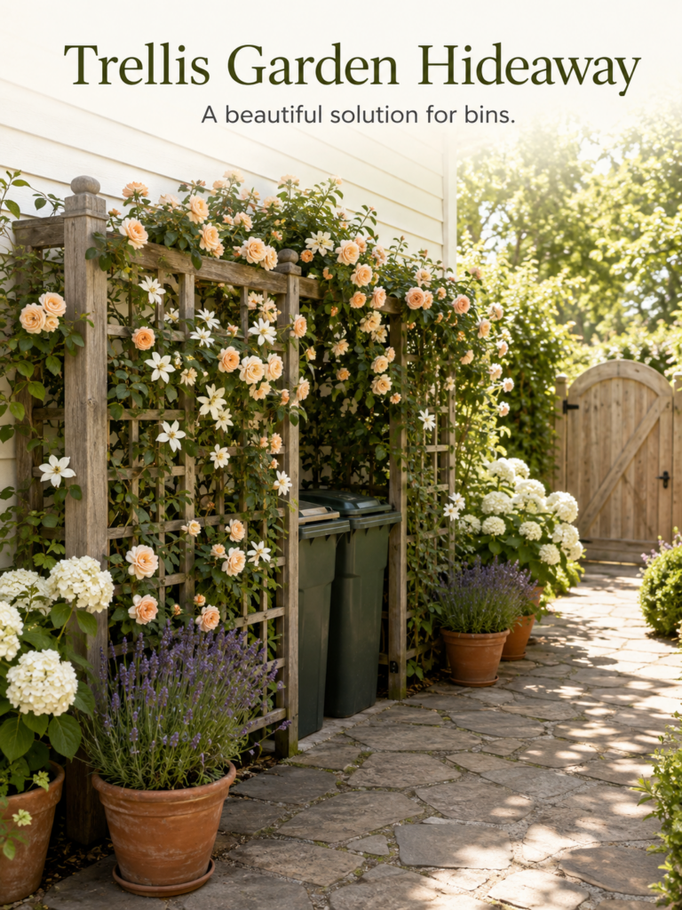 A beautiful wooden trellis covered in peachy-orange climbing roses and white clematis effectively hiding two dark green 