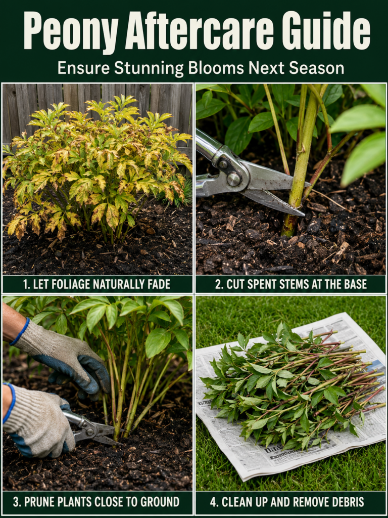 A visual guide titled Peony Aftercare Guide showing four steps deadheading spent blooms allowing foliage to fade cutting