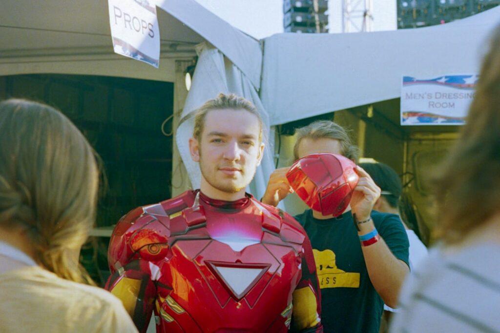A multiple-choice quiz image featuring a prominent headshot of Robert Downey Jr as Iron Man with four answer options bel